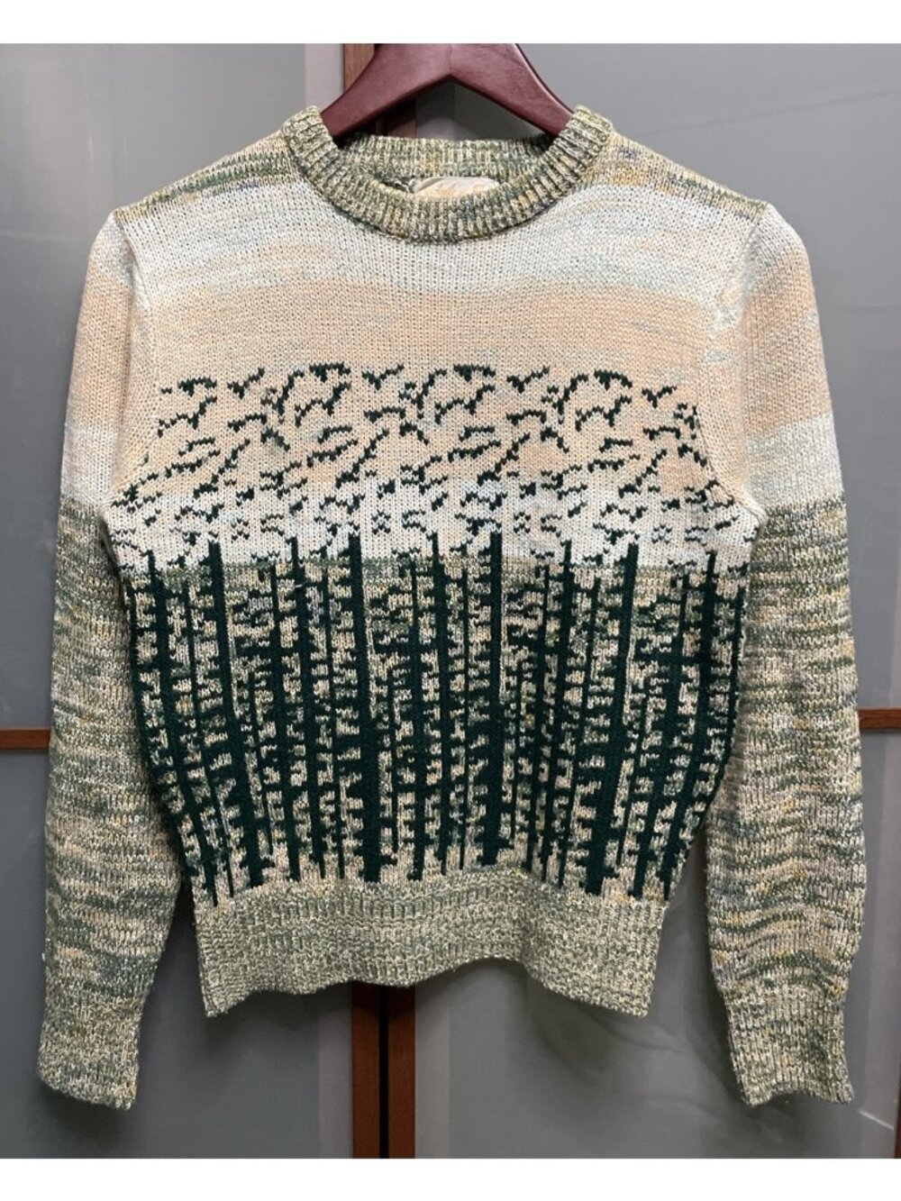 Vintage 60s Size Large Scenic Forest Birds Crewneck Knit Sweater Retro Mod Boho